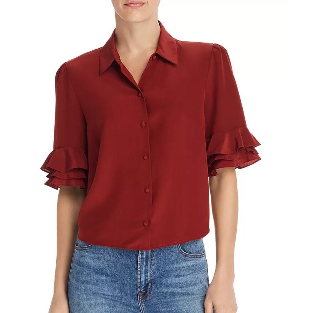 FRAME ruffle-sleeve silk blouse, rust red, size L
